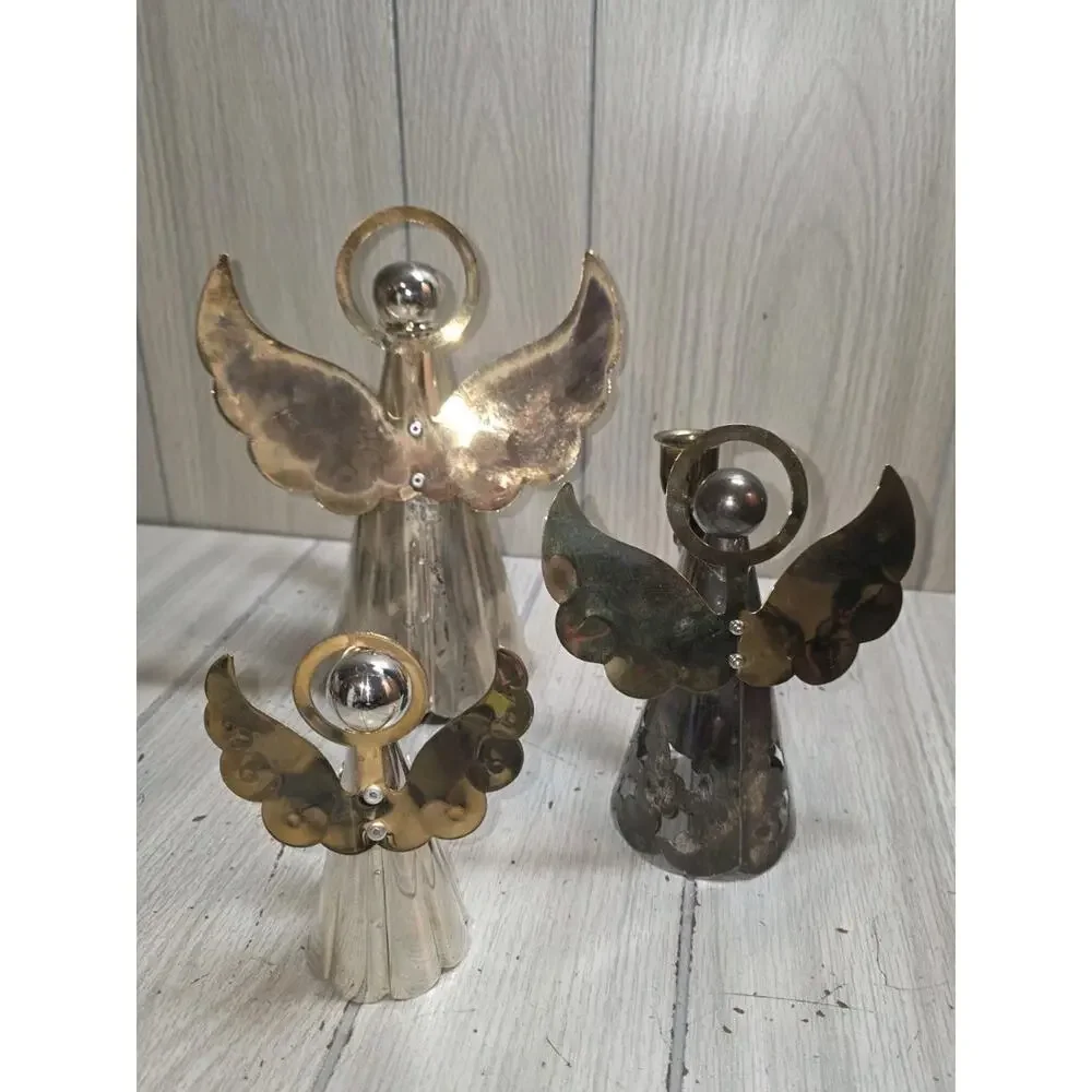 Vintage Angel Candlestick Holders Brass Silver Plated Christmas Decor Set of 3